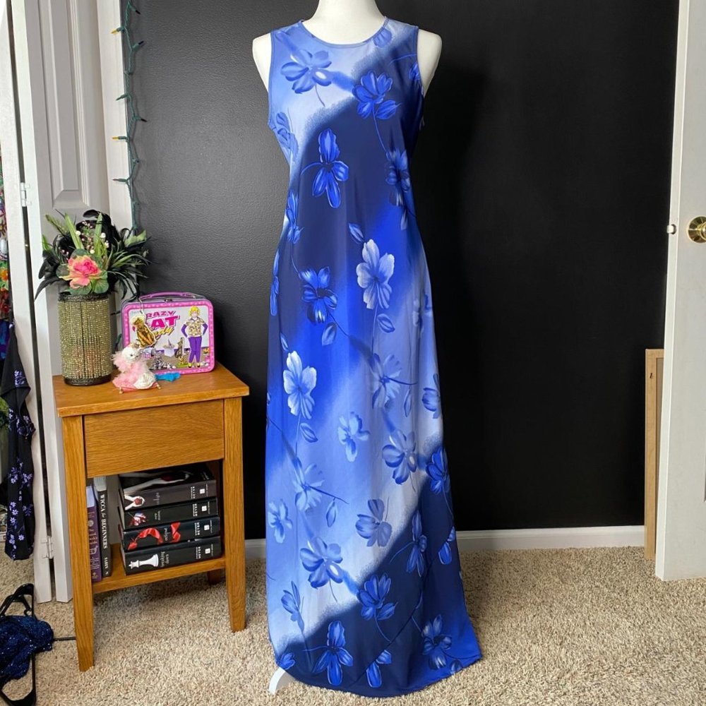 90's Vintage Hawaiian Blue Floral Maxi Dress